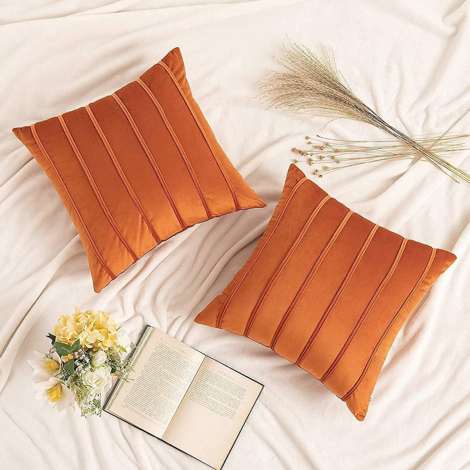 MIULEE Decorative Velvet Fall Throw Pillow Covers Soft Solid Pillowcases Striped Lumbar Square Cu... | Amazon (US)