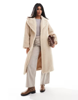 Stradivarius longline teddy coat in beige | ASOS (Global)
