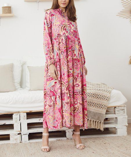 Fuchsia Paisley Ruffle Tie-Neck Tiered Maxi Dress - Women | Zulily