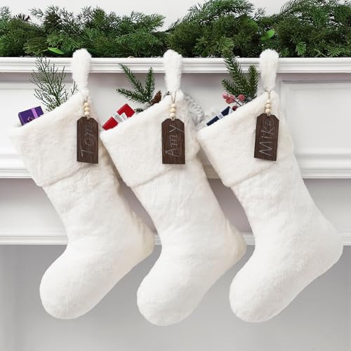 Shinymoon 3 Pcs Large 21 Inch Beige Plush Faux Fur Christmas Stocking with Wooden Name Tags, Personalized Luxury Thick Fuzzy Xmas Stocking for Fireplace Mantel Stair Railings Holiday Party Decor | Amazon (US)