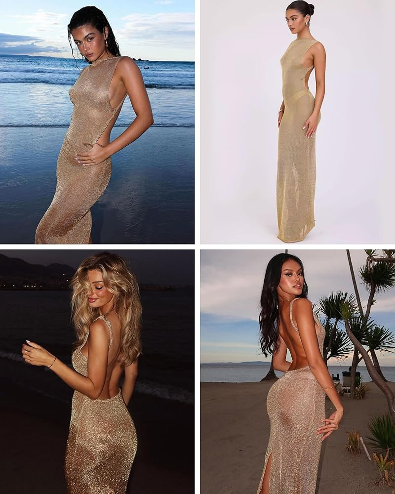 Women's Sexy Open Back Glitter Maxi Dress Sheer Mesh Beach Cover Up Dress Sleeveless Party Vacati... | Amazon (US)