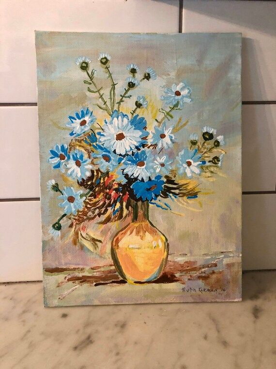 Vintage Daisy Painting, Vintage Still Life, Floral Still Life, Blue Flower Painting, Girl Room | Etsy (US)