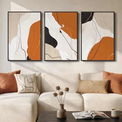 Framed Orange Abstract Wall Art for Living Room, 3 Piece Modern Minimalist Canvas Print Artwork for Walls, Large Neutral Abstract Paintings Picture for Bedroom Office Dining Room Wall Decor, 24x36 In | Amazon (US)