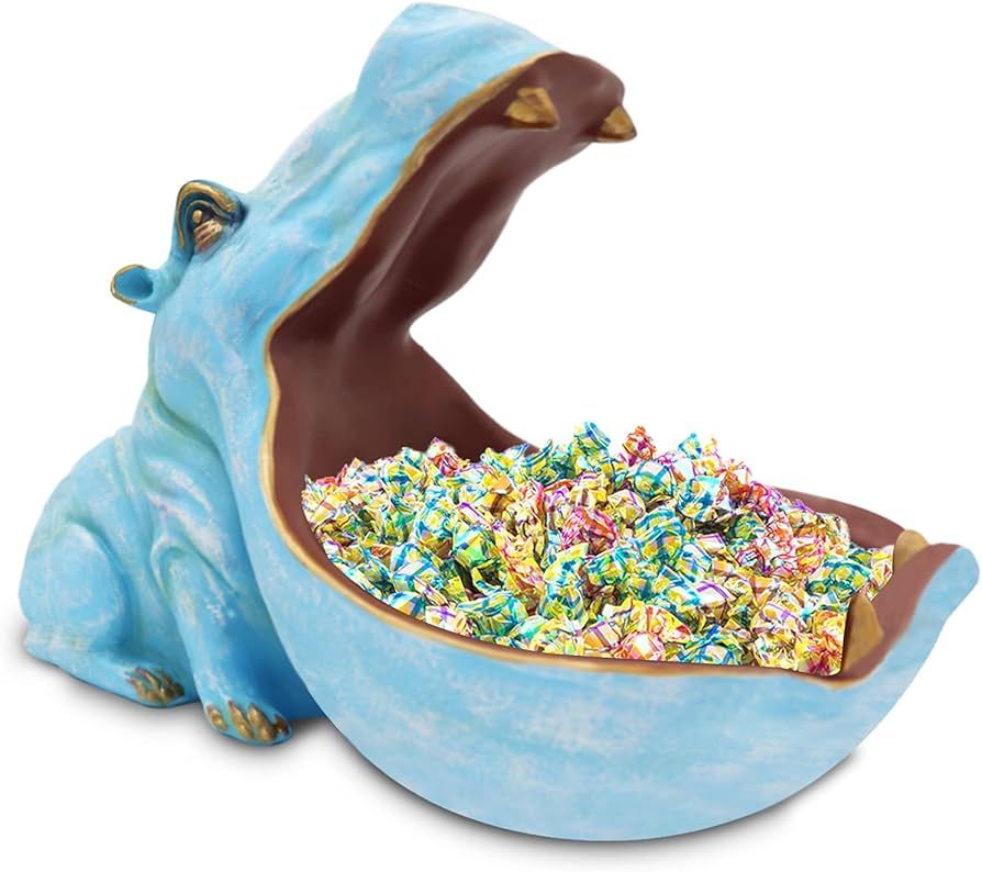 aboxoo Hippo Statue Home Resin Hippopotamus Figurine Fun Candy Dish,Key Bowl,Big Mouth Sculpture Table Art Decoration Sundries Container Storage Box (Light Blue) | Amazon (US)