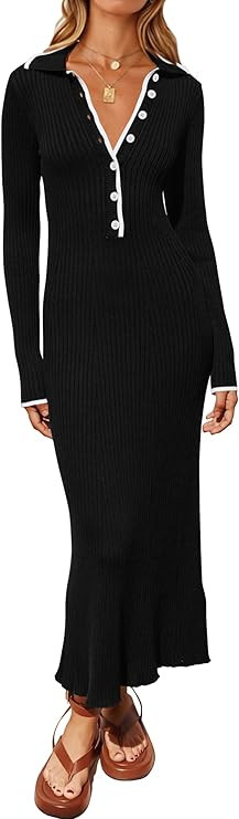 MASCOMODA Women Fall Long Sleeve V Neck Sweater Dress Casual Lapel Button Up Slim Fit Ribbed Knit... | Amazon (US)