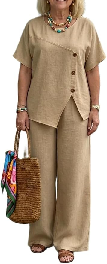 Women's 2 Piece Linen Wedding Guest Pant Suits Solid Short Sleeve Side Splited Button Down Tops C... | Amazon (US)