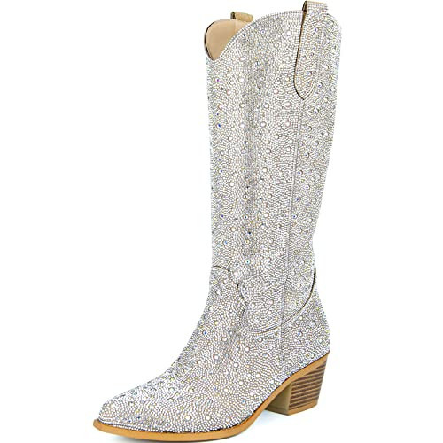 SOVANYOU Rhinestone Boots Cowboy Sparkly Boots for Women Silver Bling Boots Glitter Western Cowgirl Tall Boots Pointed Toe Crystal Knee High Boots | Amazon (US)
