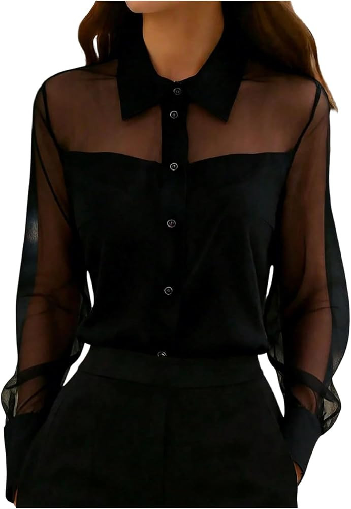 SOLY HUX Women's Sheer Mesh Tops Collared See Through Office Blouses     Long Sleeve Top, Office ... | Amazon (US)