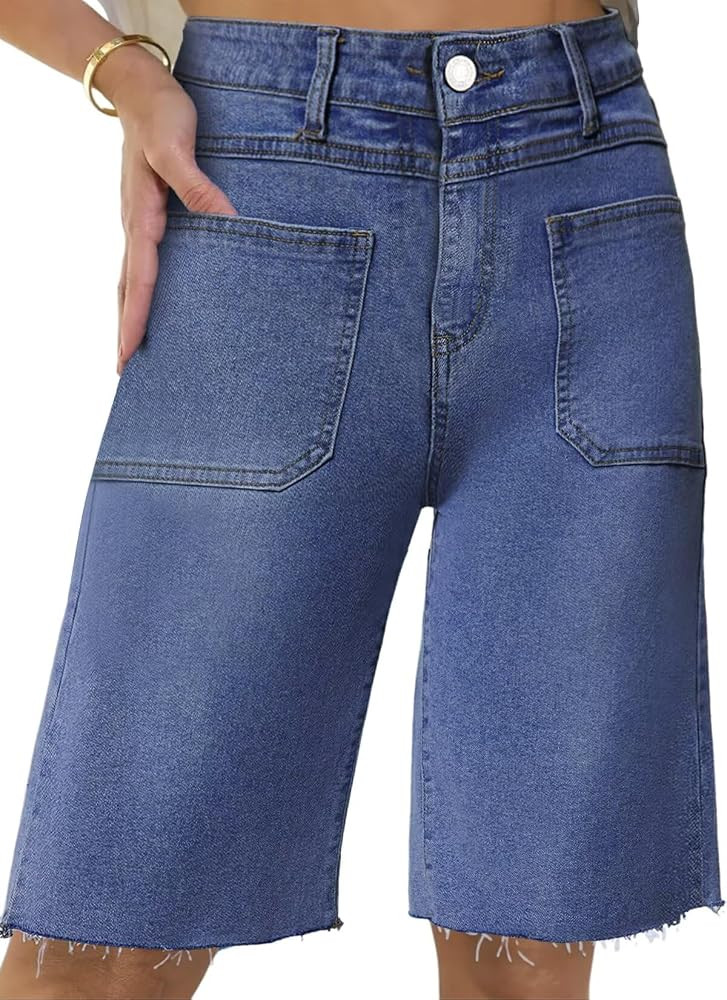 Allimy Womens Front Pockets Denim Long Shorts Jorts Cargo Baggy Bermuda Jean Shorts Knee Length | Amazon (US)