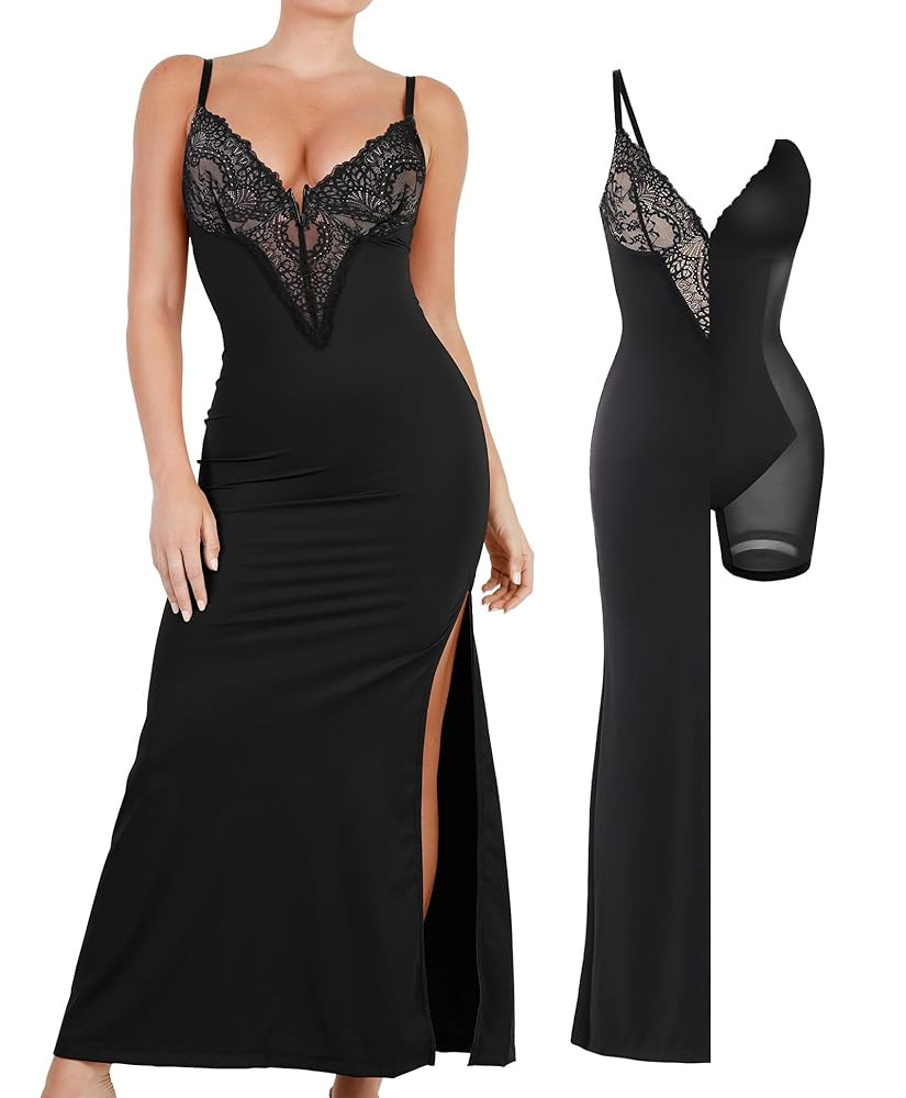 Popilush Maxi Dresses for Women Deep V Neck Shapewear Lace Satin high Slit Bodycon Cocktail Dress... | Amazon (US)
