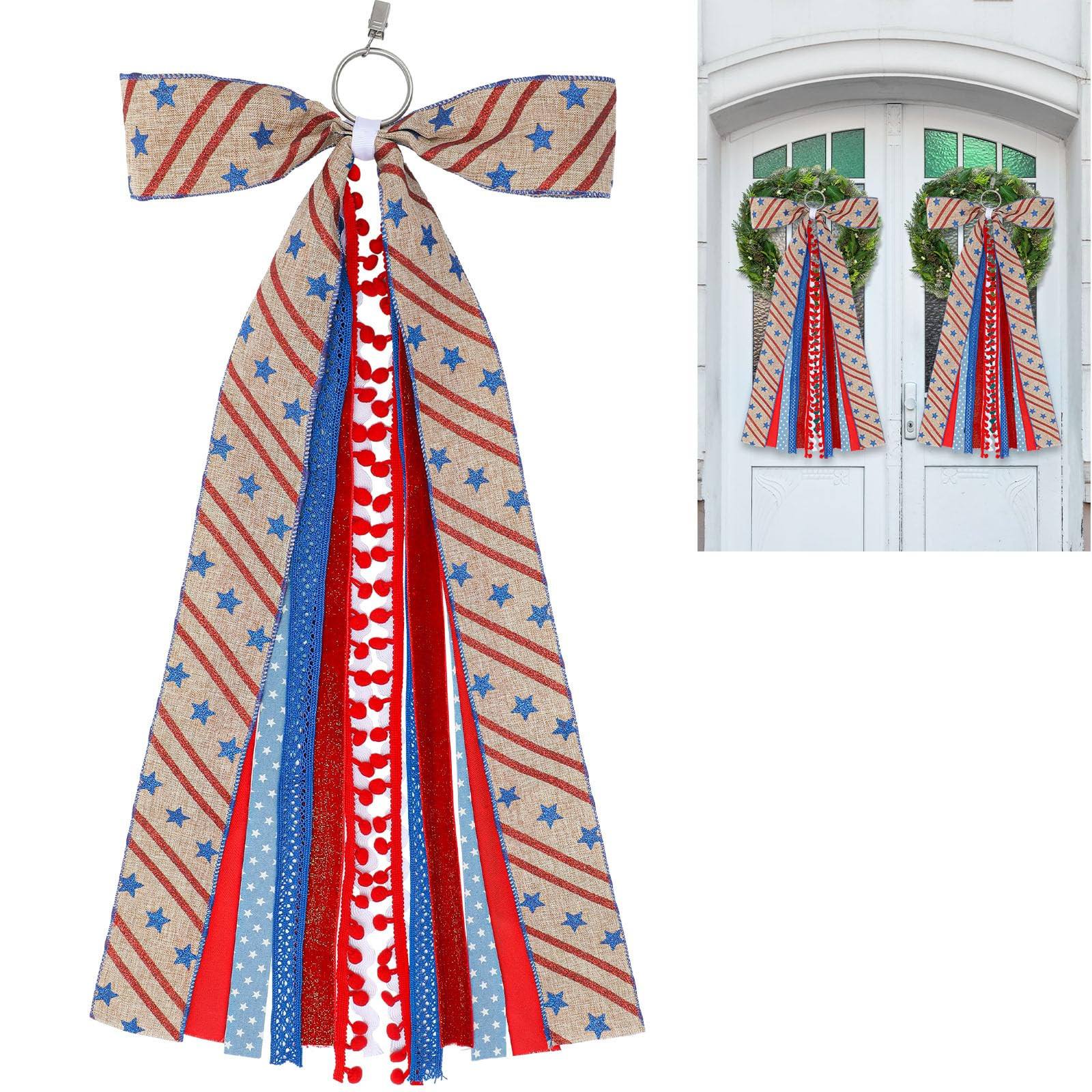 Suncalla 2 Pcs Patriotic Ribbon Bow for Wreath Large Blue and Red Wreath Sash for Front Door Tree Topper Bow Ribbons Bundle Assorted Sash for Independence Day Party Indoor Outdoor Decoration | Amazon (US)