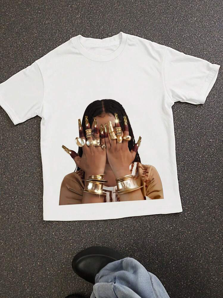 INAWLY Women Round Neck Short Sleeve White T-Shirt, Portrait Graphic Printed Top, Suitable For Sp... | SHEIN