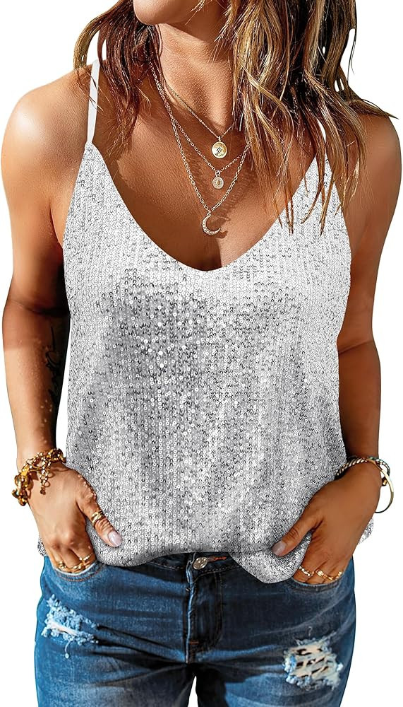 ANRABESS Womens Sequin Tank Tops Sparkle Glitter Shirts Sexy Party Shimmer Camisole Sleeveless V ... | Amazon (US)