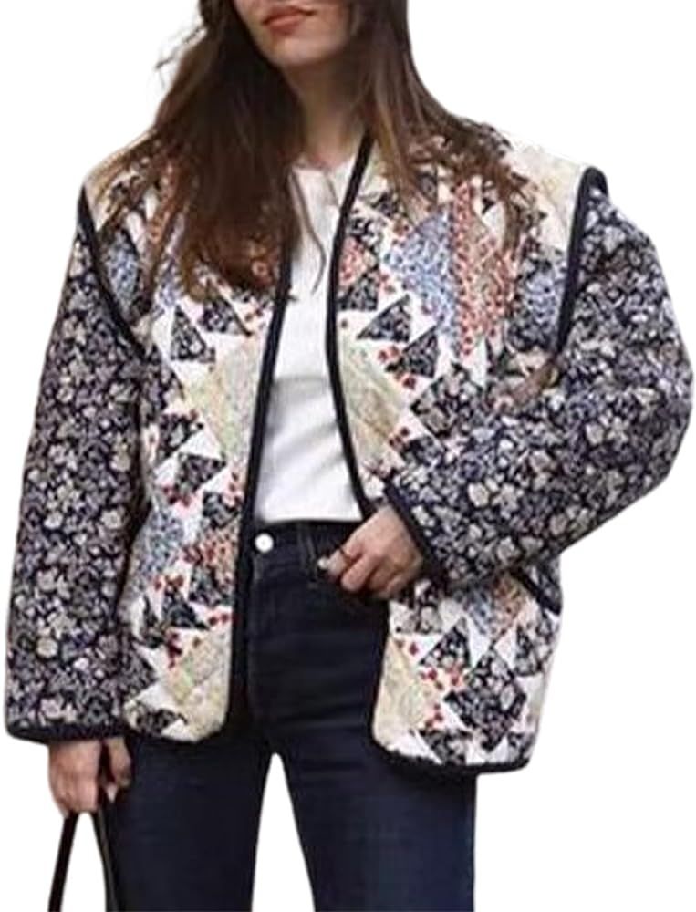 Women's Cropped Puffer Jacket Lightweight Floral Print Long Sleeve Padded Quilted Puffy Cardigan ... | Amazon (US)