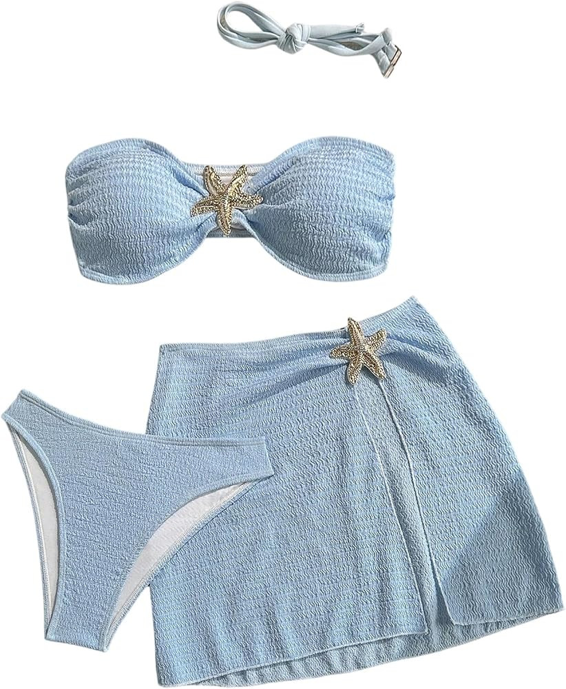 GORGLITTER Women's Strapless Bandeau Swimsuits High Waisted Bandeau Bikini Sets Beach Sarong Cove... | Amazon (US)