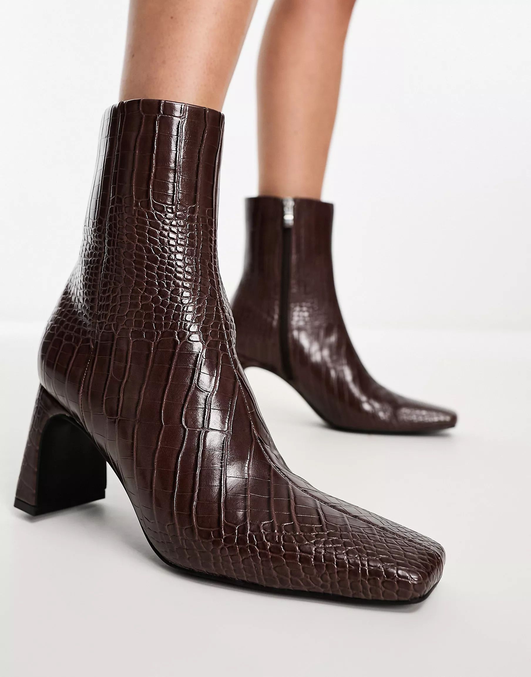 Glamorous Wide Fit mid heel ankle boots in brown croc | ASOS (Global)