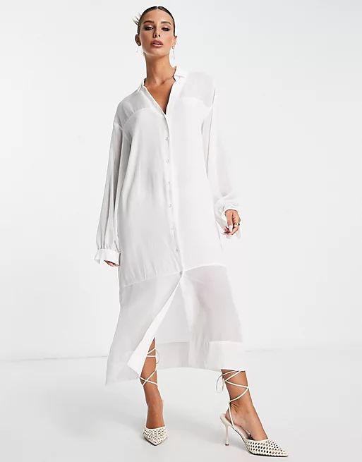 Never Fully Dressed shirt midi dress with sheer panel in white | ASOS (Global)