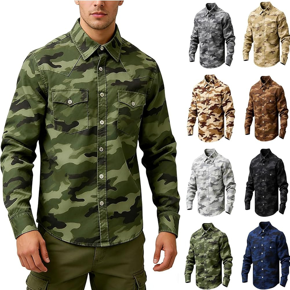 Men's Camo Shirts Heavyweight Cotton Workwear Button Down Shirts Long Sleeve Retro Camouflage Cas... | Amazon (CA)