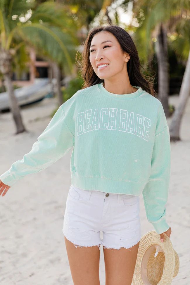 Beach Babe Varsity Cropped Corded Mint Graphic Sweatshirt | The Pink Lily Boutique