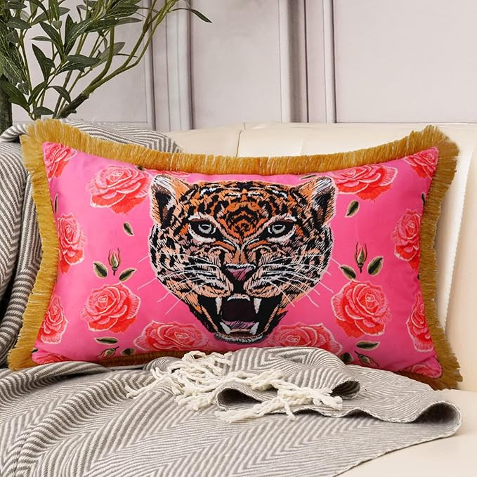 Tiger Floral Velvet Decorative Throw Pillow Cover 12x20 In Pink Pillow Covers Flower Animal Print... | Amazon (US)