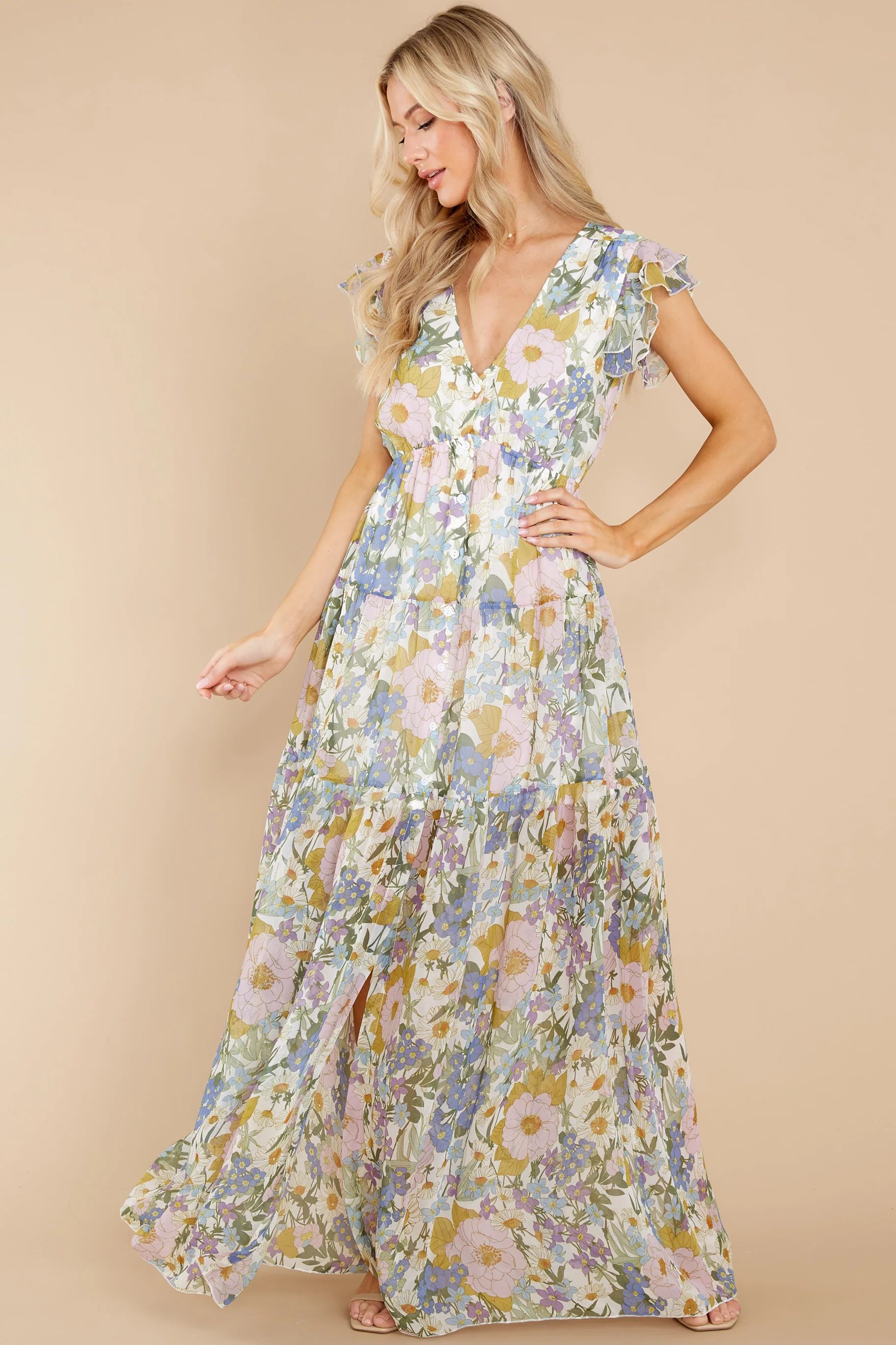 You're My Love White And Blue Floral Print Maxi Dress | Red Dress 