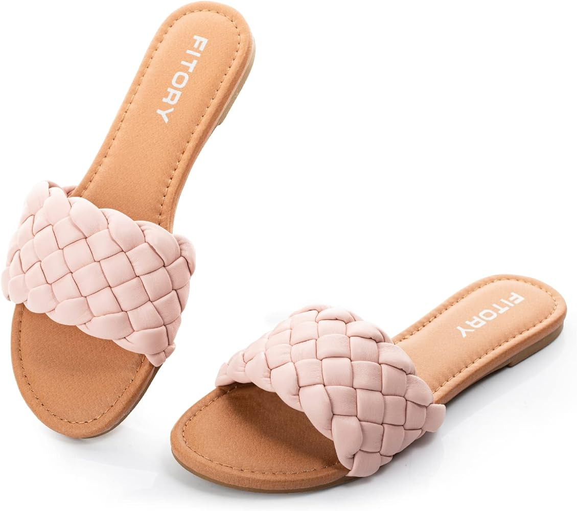 FITORY Womens Flat Sandals Fashion Round Open Toe Slip On Slides with Braided Strap Slippers for ... | Amazon (US)