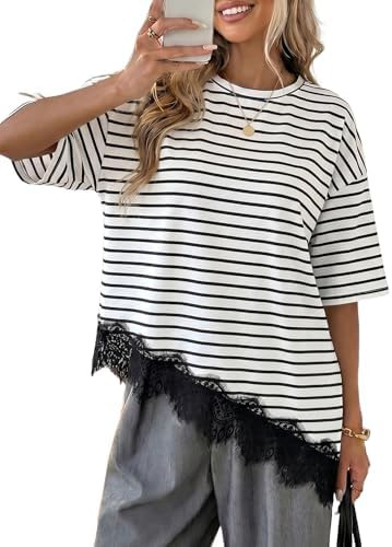 LOLONG Women's Casual Crew Neck Half Sleeve T-Shirt Asymmetrical Hem Lace Patchwork Loose Fit Top... | Amazon (US)