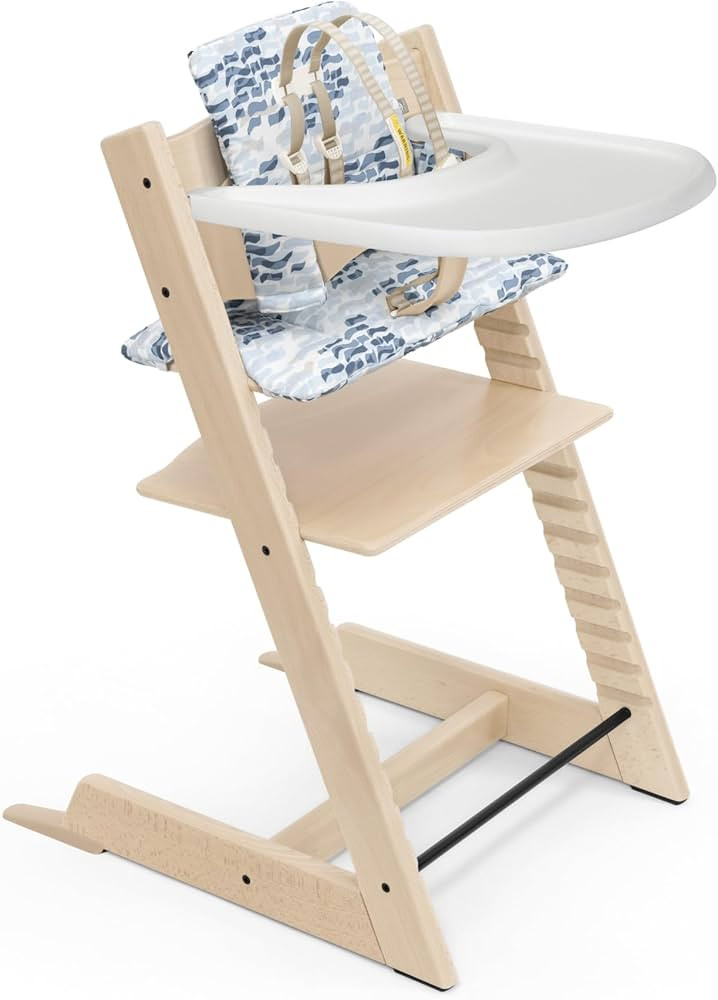 Tripp Trapp High Chair and Cushion with Stokke Tray - Natural with Waves Blue - Adjustable, Conve... | Amazon (US)