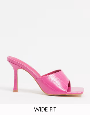 Public Desire Wide Fit Exclusive Harlow mule with square toe in pink croc | ASOS (Global)