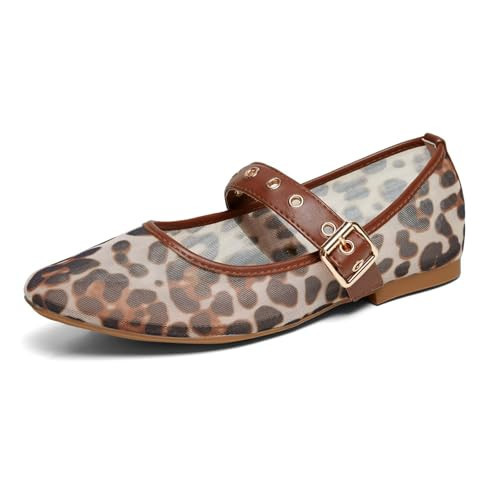 hingswink Leopard Mary Jane Shoes Women Fishnet Mesh Ballet Flats with Strap Buckle Closed Toe MaryJanes Shoes Ballerina Flats for Women Dressy Comfortable, MeshLeopard6 | Amazon (US)