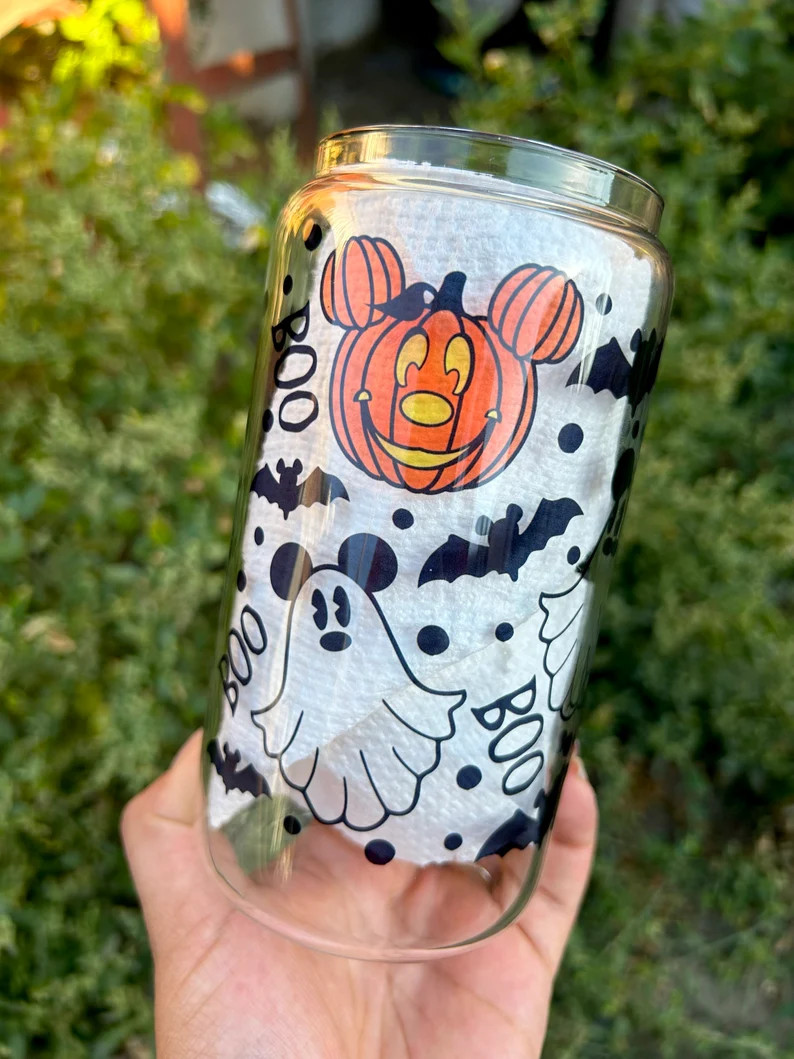 Mickey Halloween Iced Coffee Cup Mickey Pumpkin Frosted Beer Glass Can Disney Bats Halloween Glas... | Etsy (US)