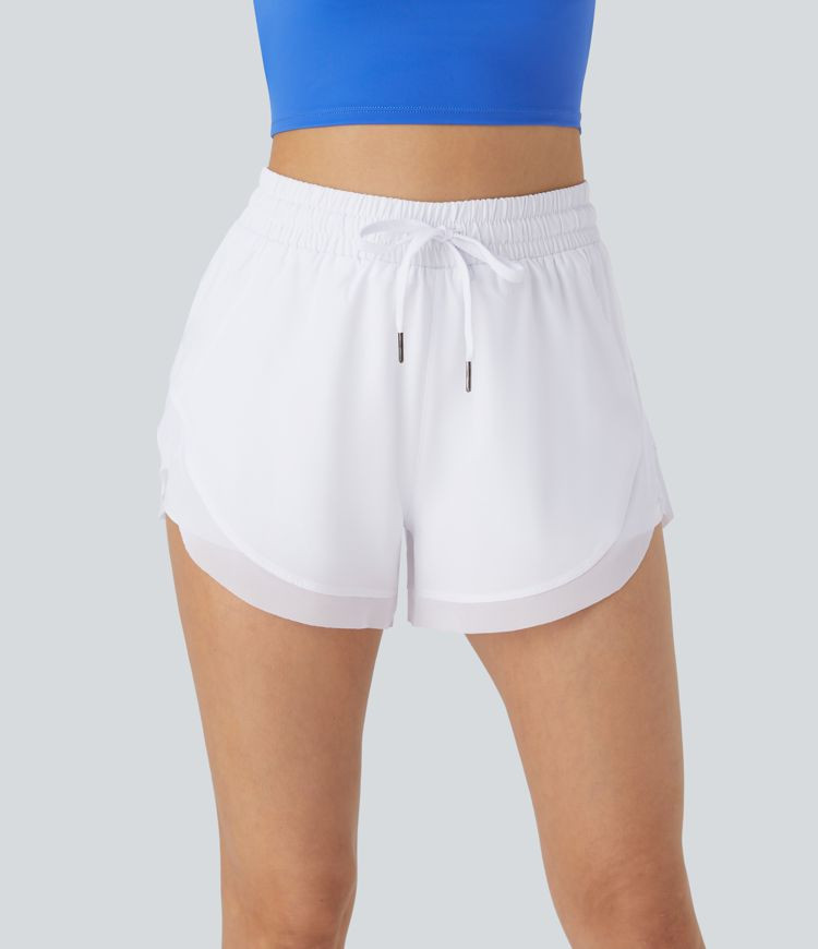 Women’s Mid Rise Drawstring Contrast Mesh 2-in-1 Flowy Running Shorts 3'' - Halara | HALARA