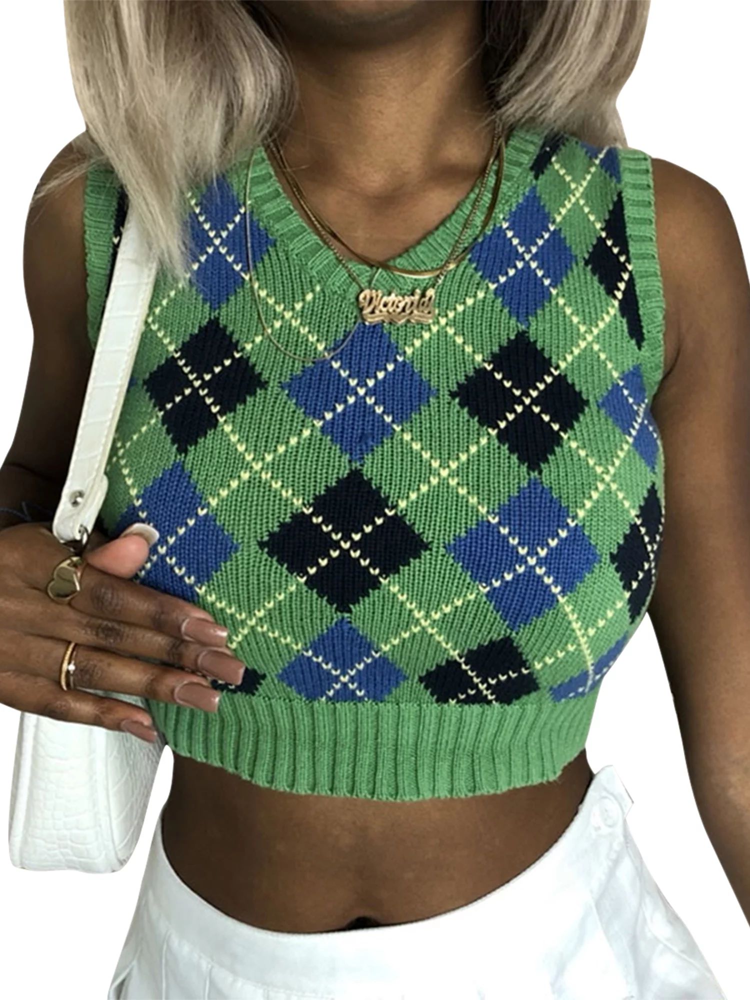 Listenwind Women Sleeveless Plaid Geometric Sweaters Vest Knitted Tanks Crop Tops Outerwear Green | Walmart (US)