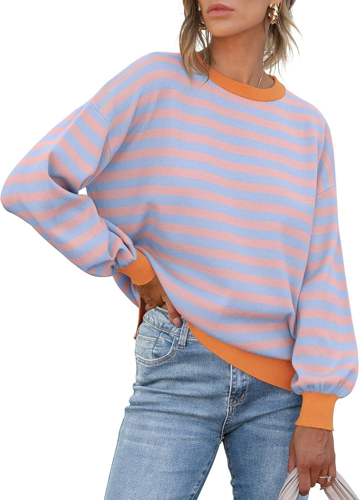 ANRABESS Womens Oversized Striped Sweaters Long Sleeve Crewneck Casual Side Slit Pullover Tops 20... | Amazon (US)