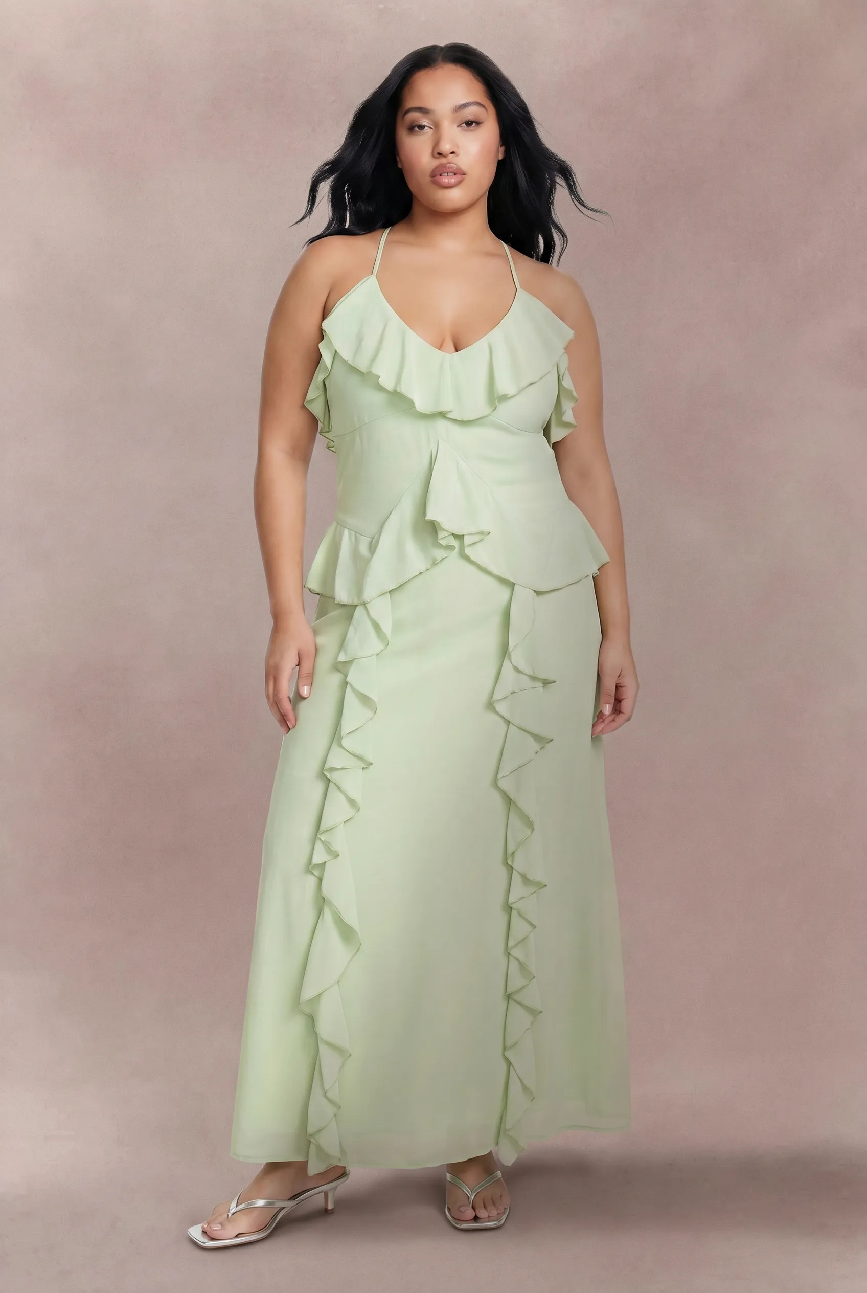 Sage boohoo Plus Halter Ruffle Maxi Dress | PrettyLittleThing | PrettyLittleThing UK