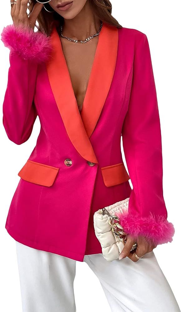 WDIRARA Women's Color Block Shawl Collar Long Sleeve Open Front Work Office Jacket Blazer | Amazon (US)