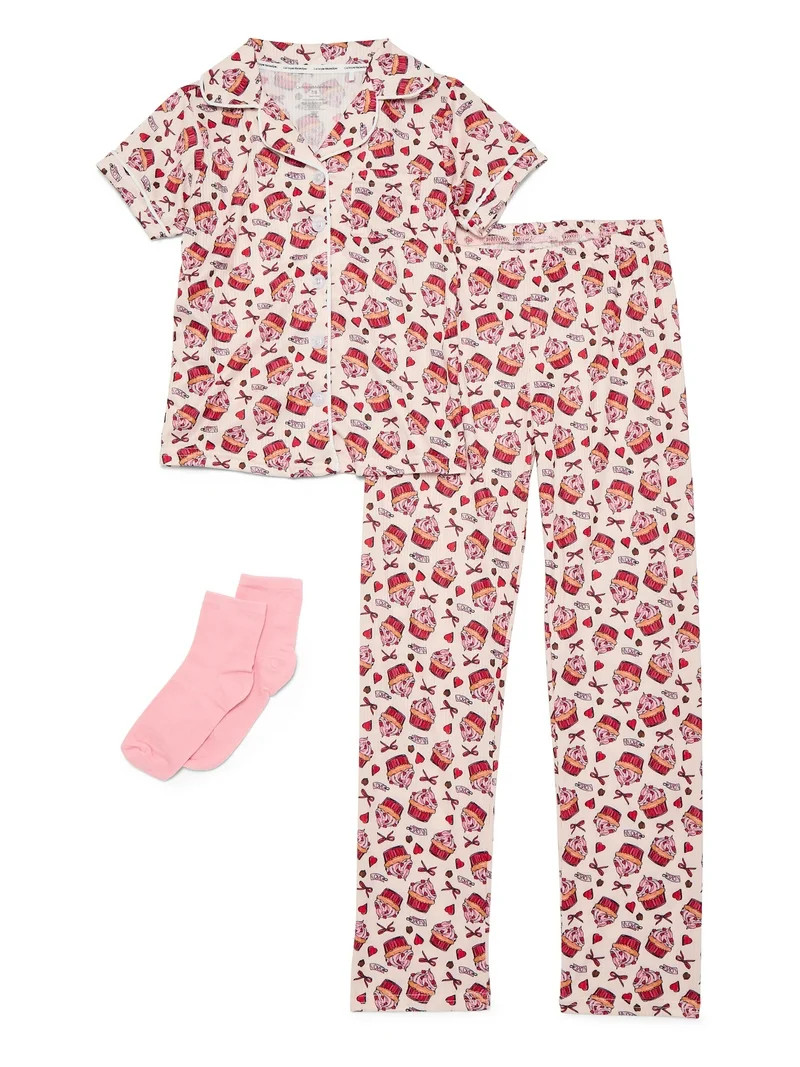Catherne Malandrino Girls Ribbed Notch Collar Short Sleeve Top, Pants with Bonus Socks 3-Piece Pa... | Walmart (US)