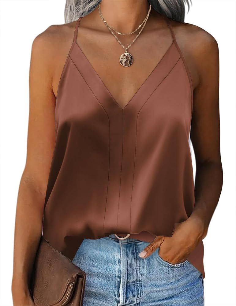 Zeagoo Womens Silk Satin Tank Tops V Neck Sleeveless Blouse Camisole Top | Amazon (US)