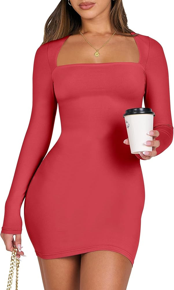 ANRABESS Women's Long Sleeve Square Neck Sexy Bodycon Tight Going Out Cocktail Party Club Night S... | Amazon (US)