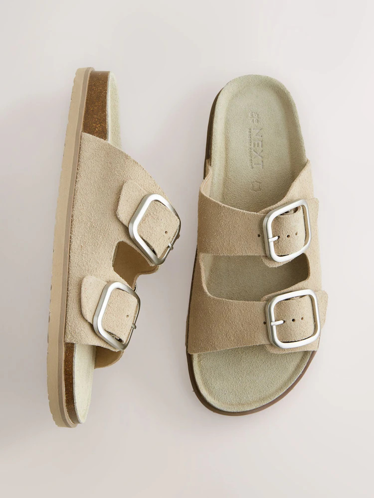 Buy Neutral Suede Standard Fit Double Strap Footbed Sandals from Next Belgium | Next EU