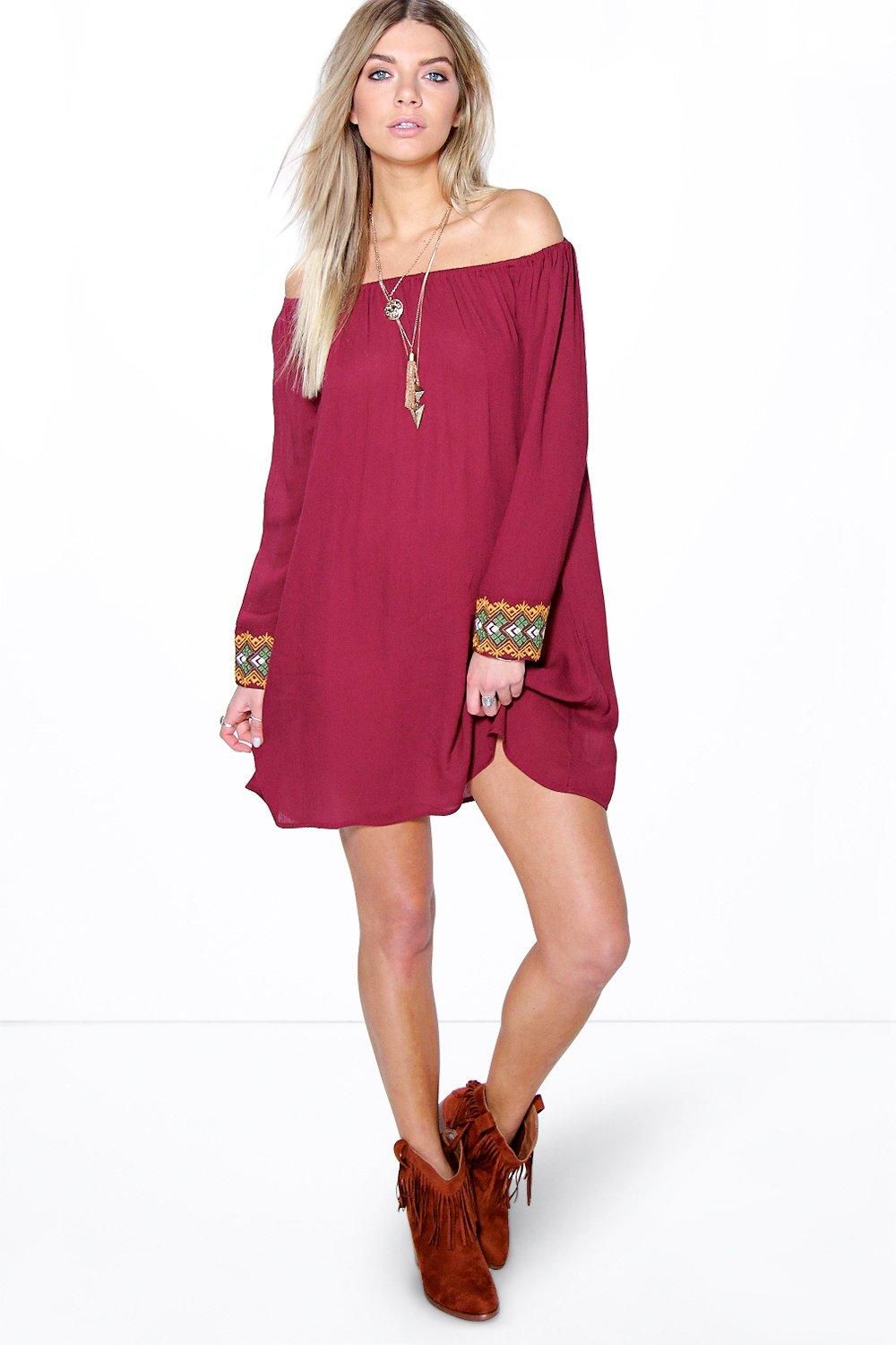 Felicity Embroidered Cuff Off The Shoulder Dress | Boohoo.com (UK & IE)