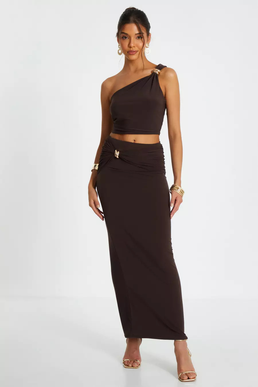 Brown One Shoulder Crop Top | Quiz Clothing