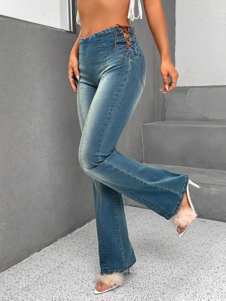 SHEIN Unity Lace Up Side Flare Leg Jeans | SHEIN