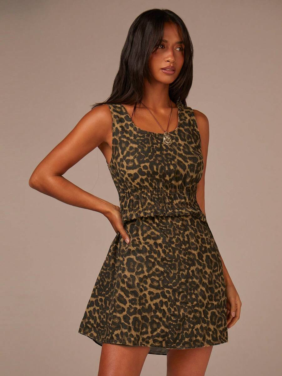 Athîral Denim Women's Leopard Print Round Neck Sleeveless Pleated Waist, Casual Wear, Perfect Fo... | SHEIN
