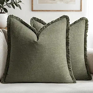 MIULEE Decorative Throw Pillow Covers Neutral Linen Fringe Throw Pillows Set of 2 Olive Green Boh... | Amazon (US)