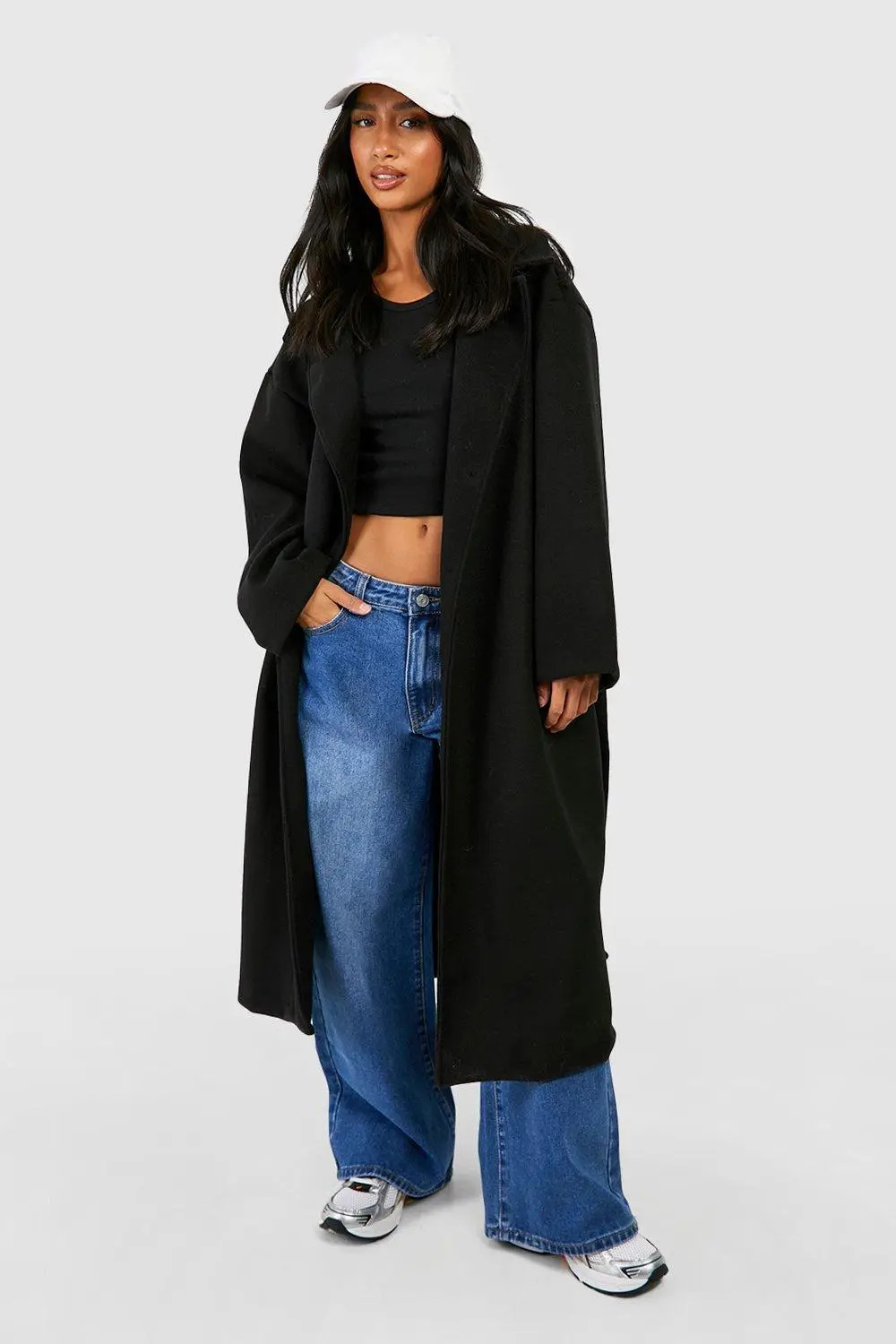 Petite Oversized Belted Button Through Wool Look Coat | boohoo (US & Canada)