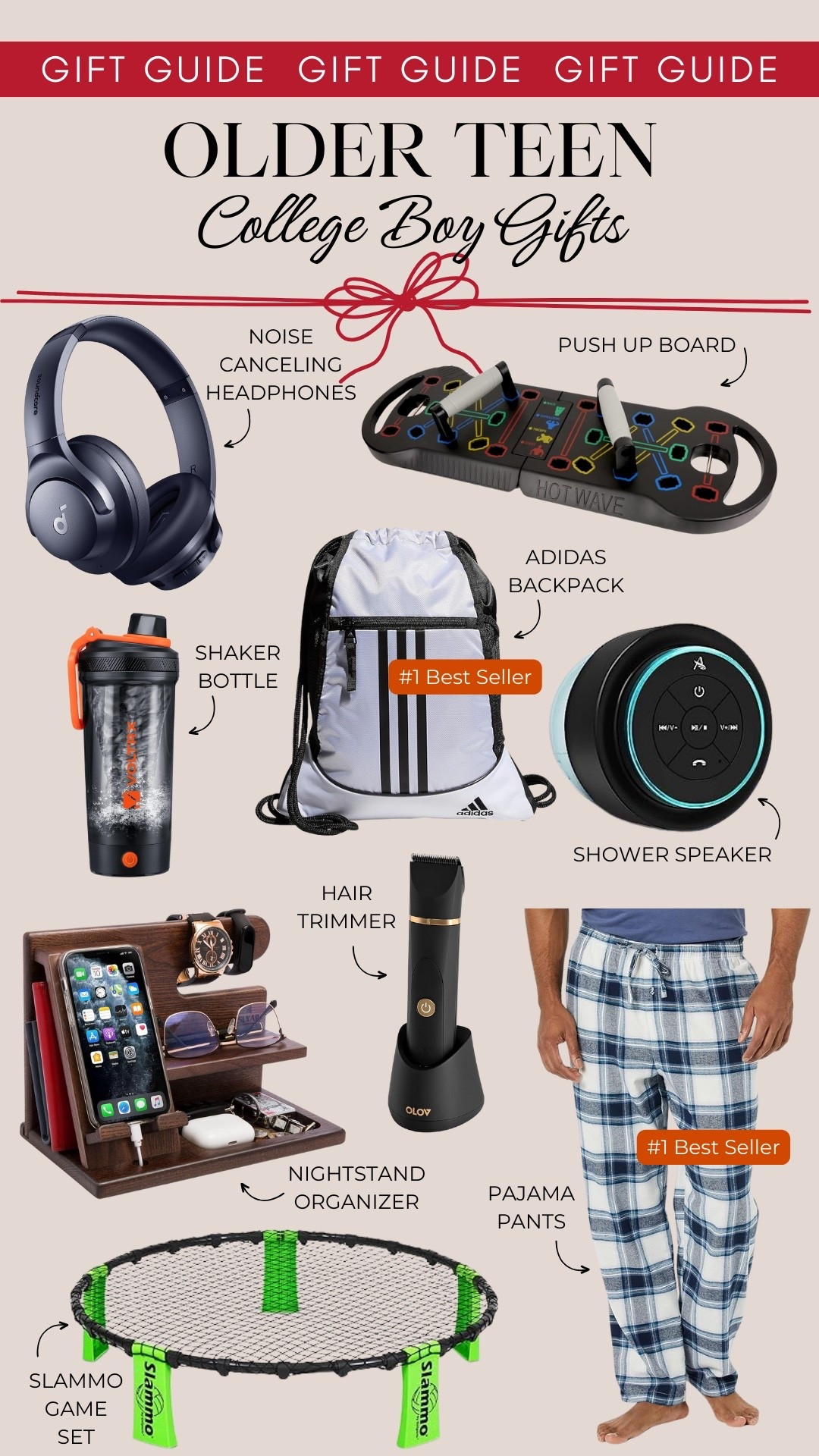 This gift guide for older teens and college boys includes wireless headphones, a push up board, a protein shake shaker, drawstring backpack, a shower speaker, nightstand organizer, hair trimmer, pajama pants, and a Slammo game set.

Gifts for him, gifts for teens, gifts for boys, gifts under 25, gifts under 50

#LTKGiftGuide #LTKFindsUnder50 #LTKHoliday