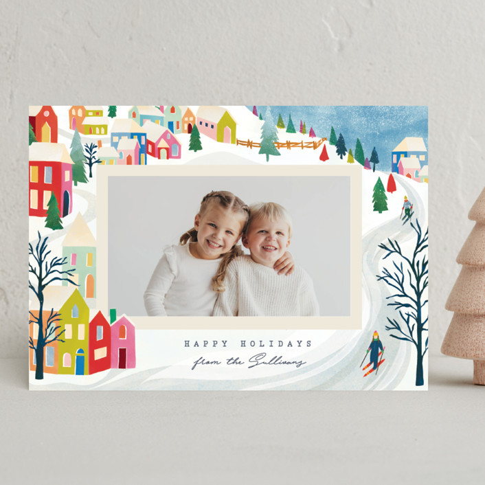"Mountain Village" - Customizable Holiday Photo Cards in Blue by Julie Murray. | Minted