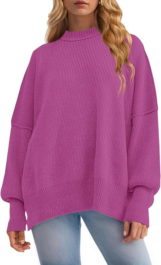ZESICA Women's 2023 Fall Casual Long Sleeve Crew Neck Side Slit Oversized Ribbed Knit Pullover Sw... | Amazon (US)