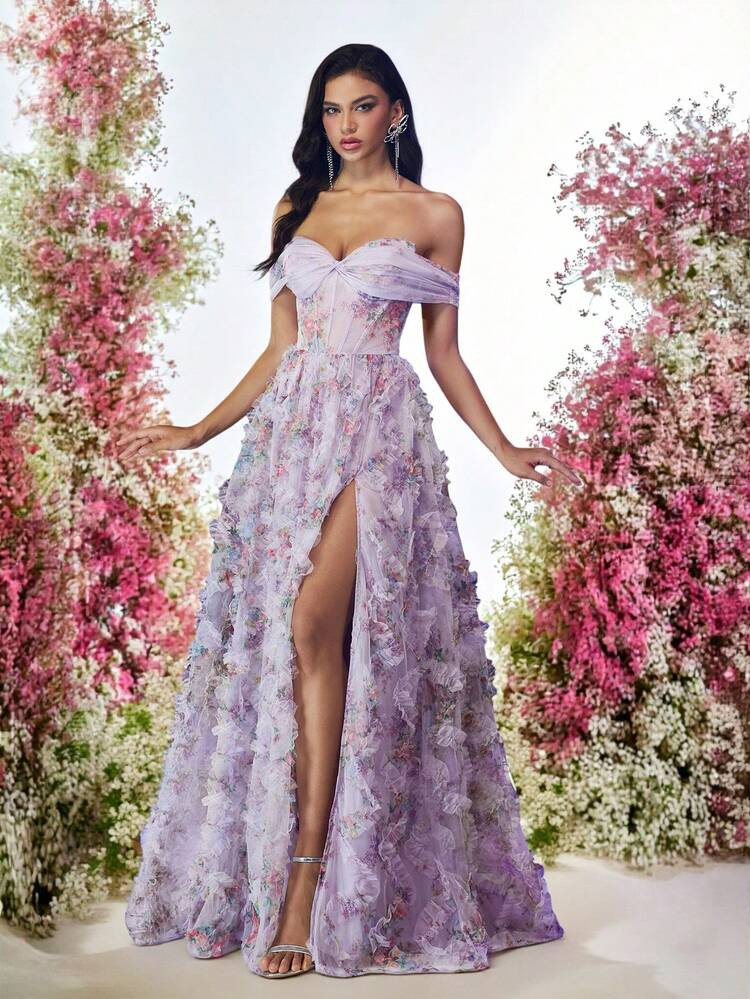 Glamrae Elegante vestido largo con estampado floral 3D de tul multicolor rom\u00e1ntico, hombros descubiertos y abertura alta en la falda, con capa de tul vaporoso y silueta de l\u00ednea A para eventos de noche | Mode de Mujer | SHEIN